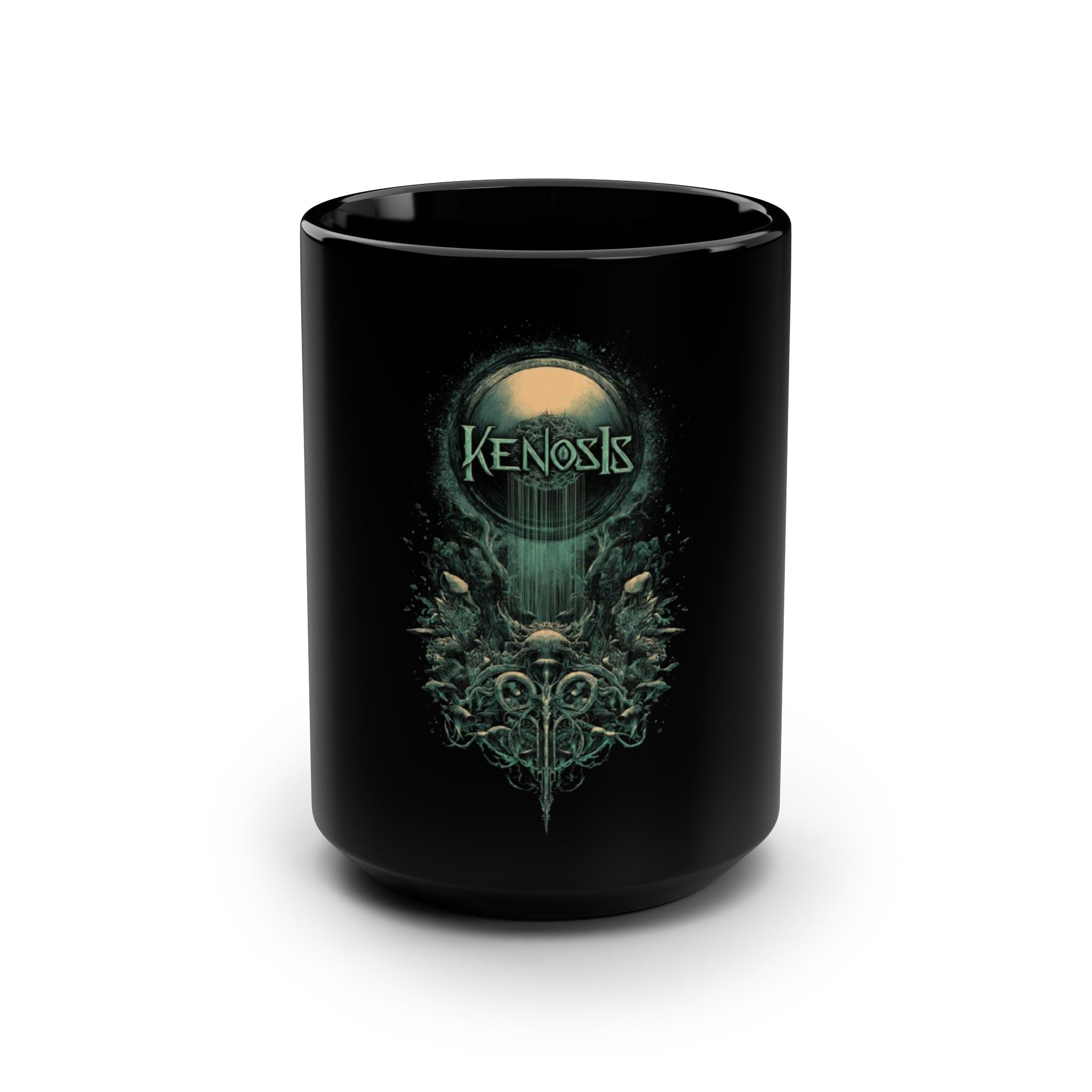 Kenosis Black 15oz Ceramic Mug — Dark Fantasy Graphic Coffee Cup