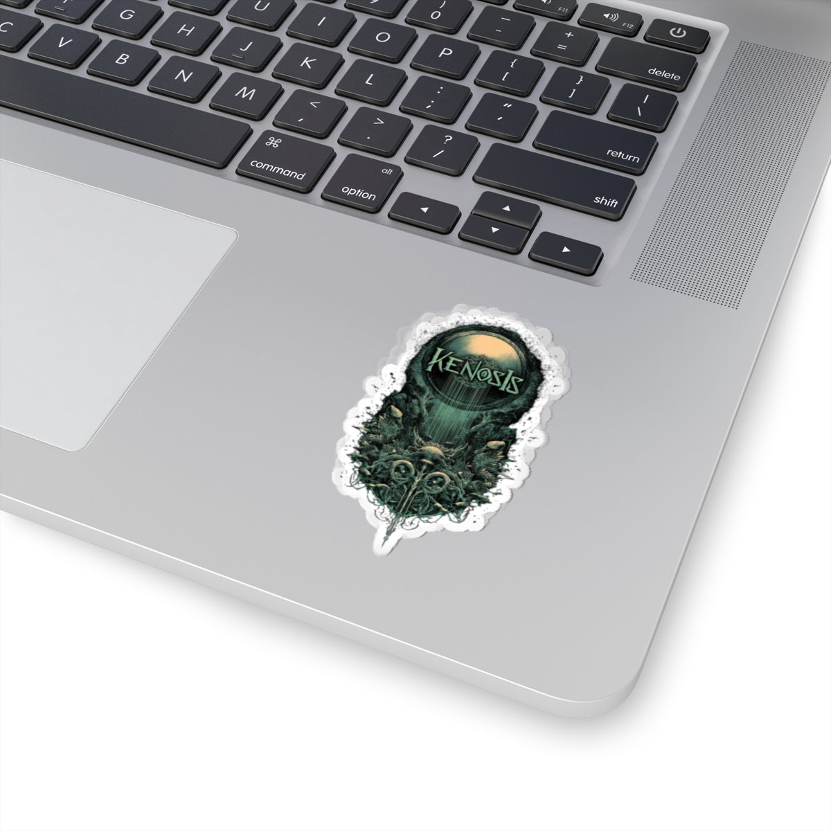 Kenosis Gothic Skull Kiss-Cut Sticker — Dark Green Occult Band Logo Decal