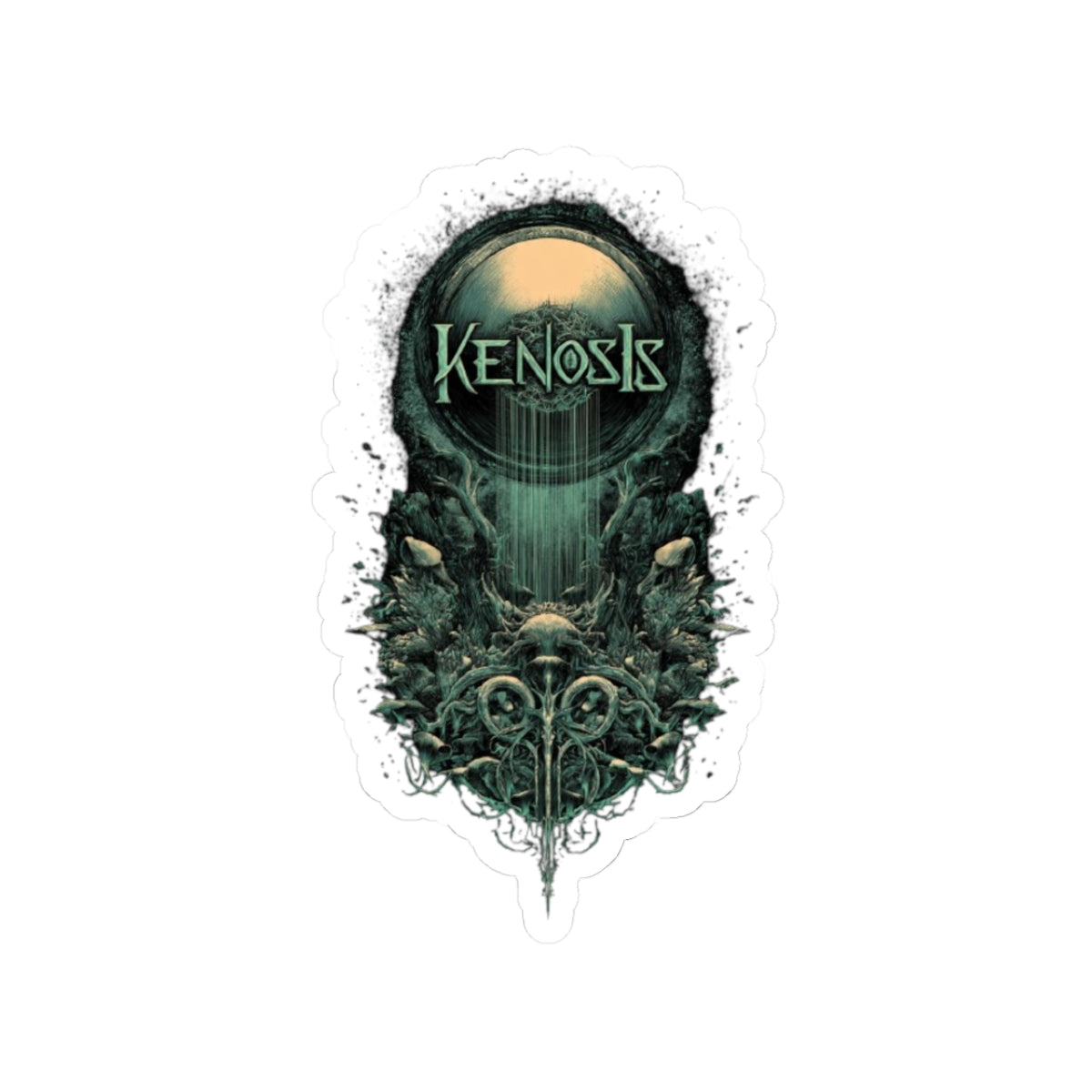 Kenosis Gothic Skull Kiss-Cut Sticker — Dark Green Occult Band Logo Decal
