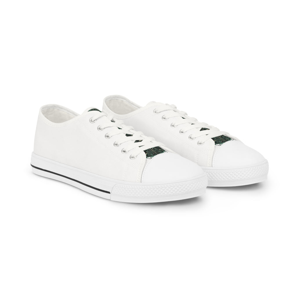 White Low Top Sneakers with Subtle Green Art Accent — Men's Casual Canvas Shoes