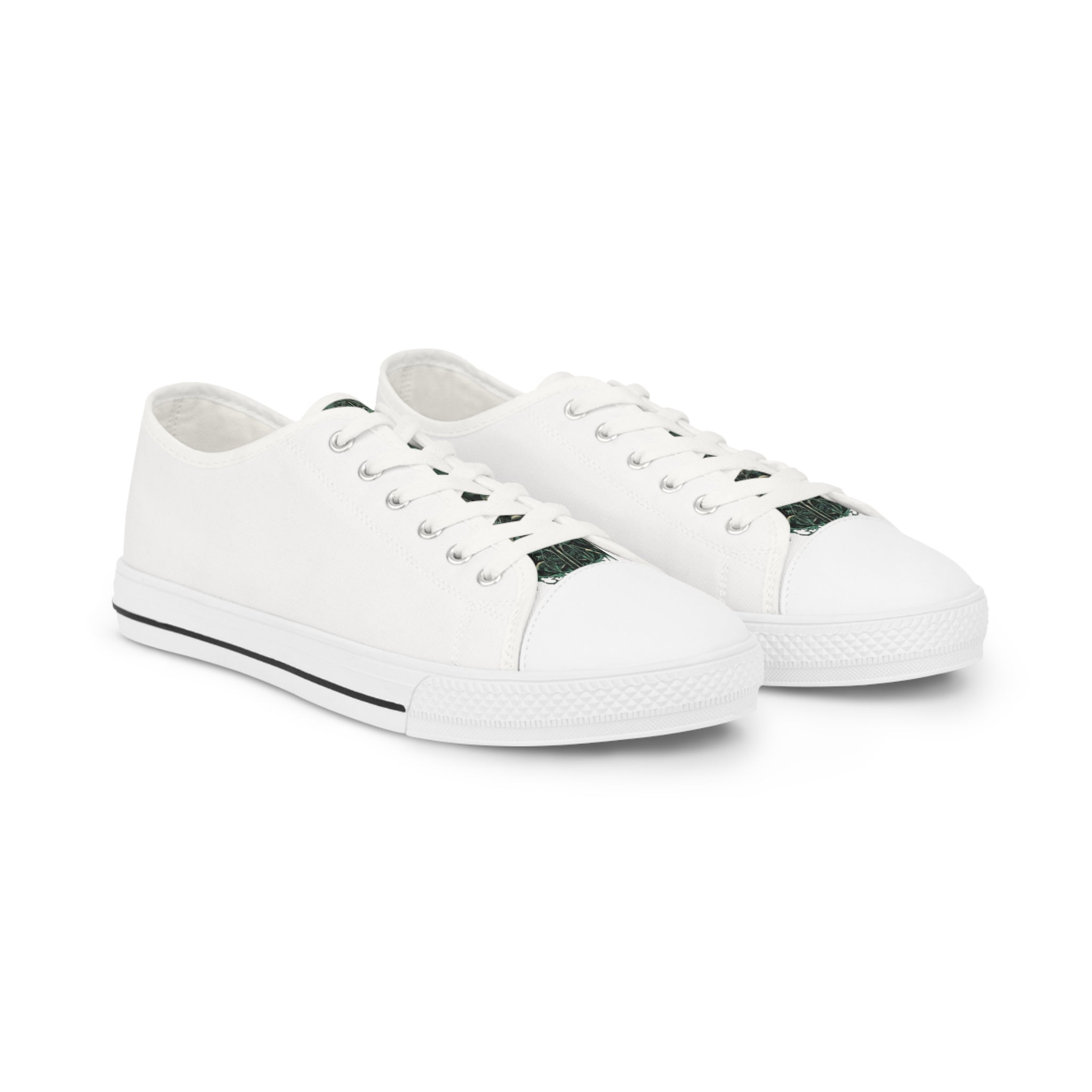 White Low Top Sneakers with Subtle Green Art Accent — Men's Casual Canvas Shoes