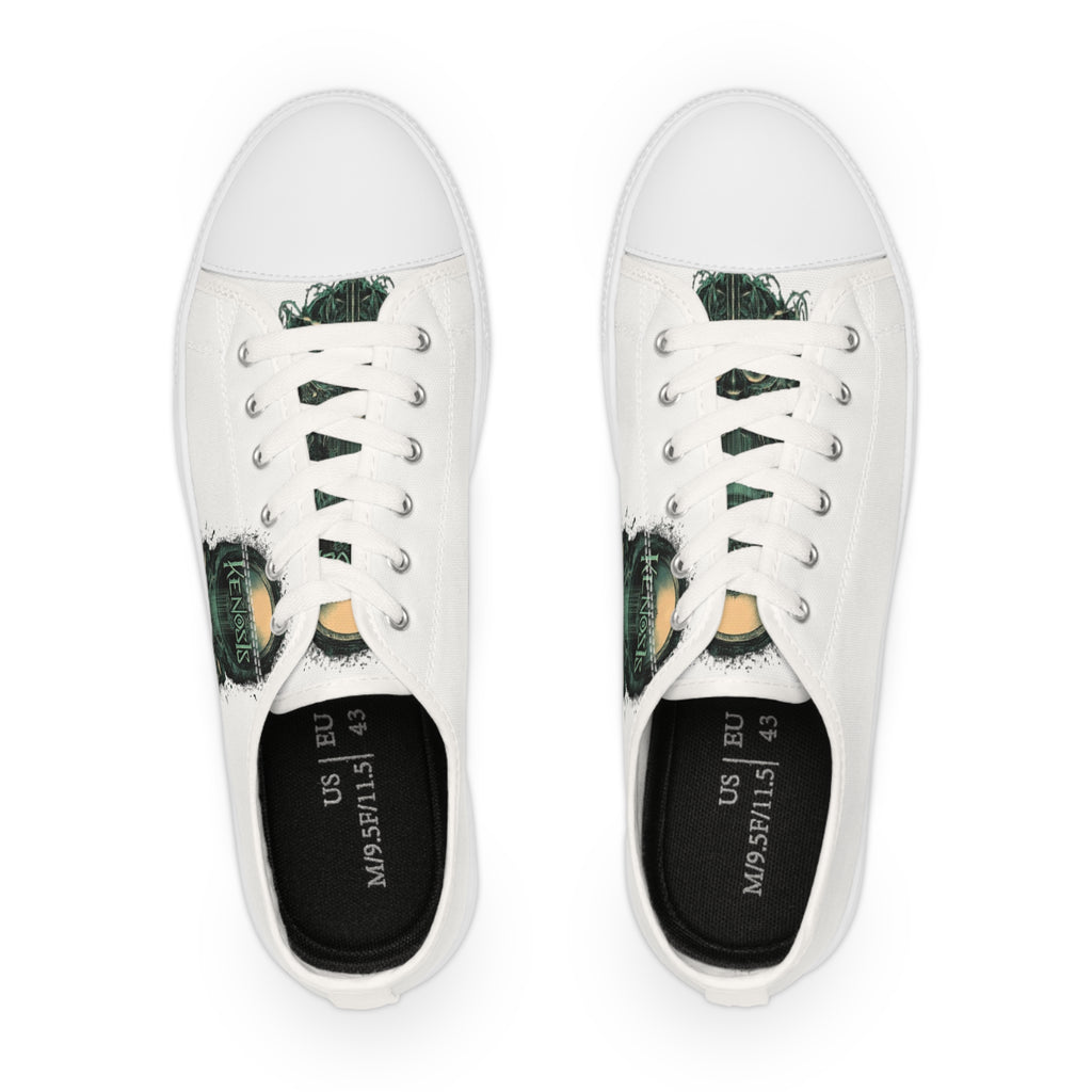 White Low Top Sneakers with Subtle Green Art Accent — Men's Casual Canvas Shoes