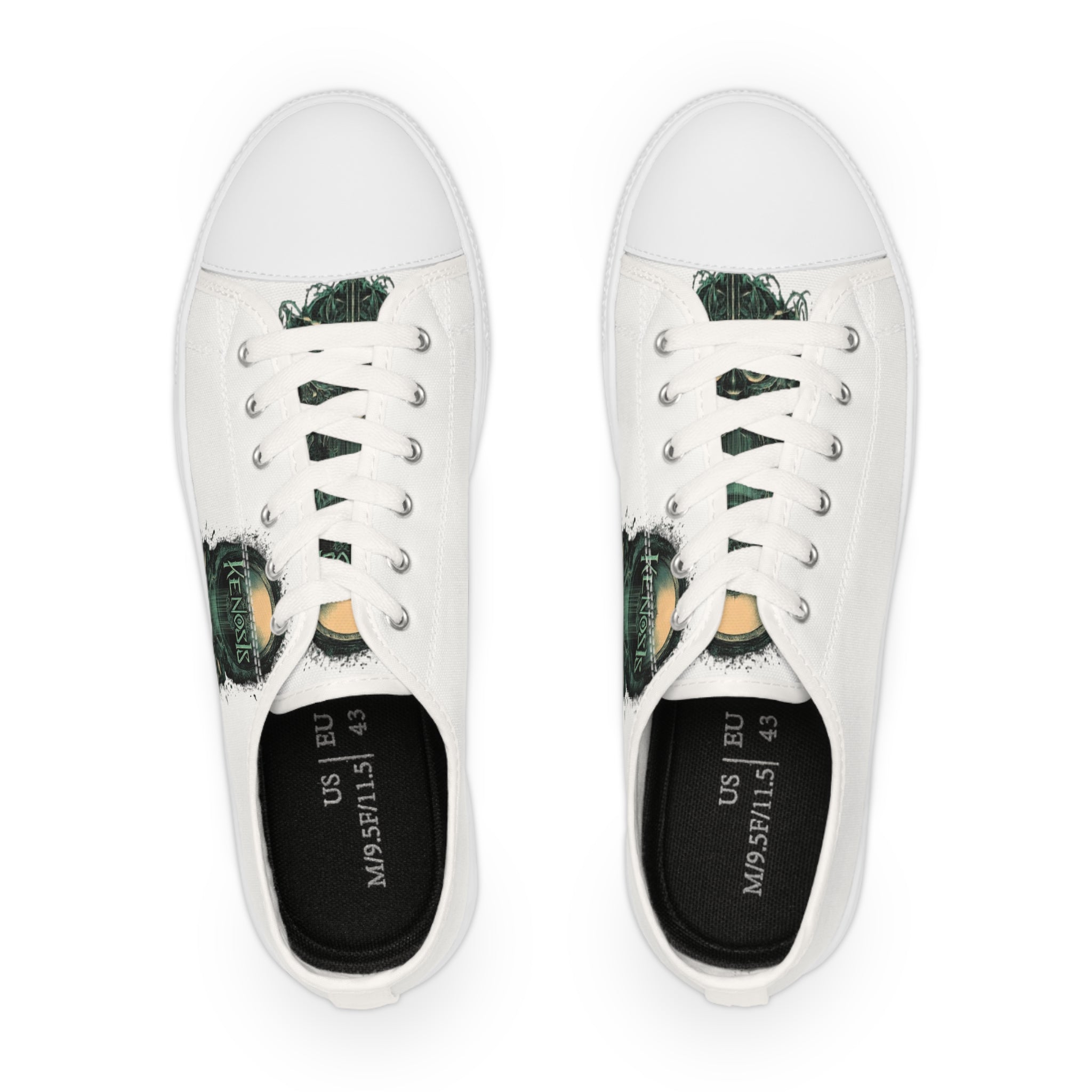 White Low Top Sneakers with Subtle Green Art Accent — Men's Casual Canvas Shoes
